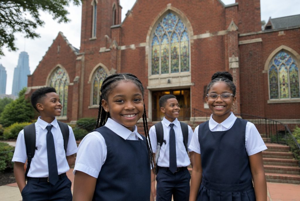 Children walking from a brick church building to a classroom wing on a Georgia church school campus