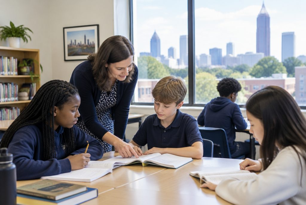 A teacher leading a small group of students at a round table in a metro Atlanta private school classroom