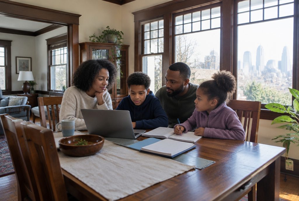 An Atlanta family at a kitchen table comparing a school's tuition bill with their scholarship letter