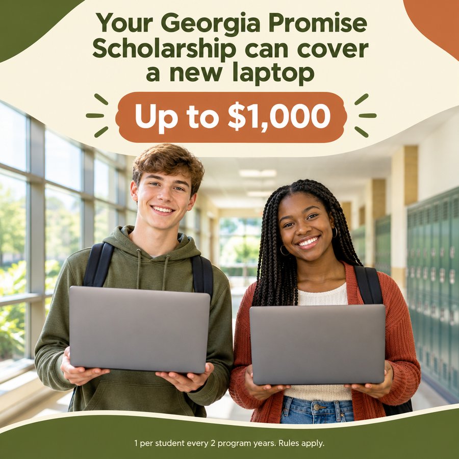 Two Atlanta-area teens holding new laptops: a Georgia Promise Scholarship can cover a laptop up to $1,000